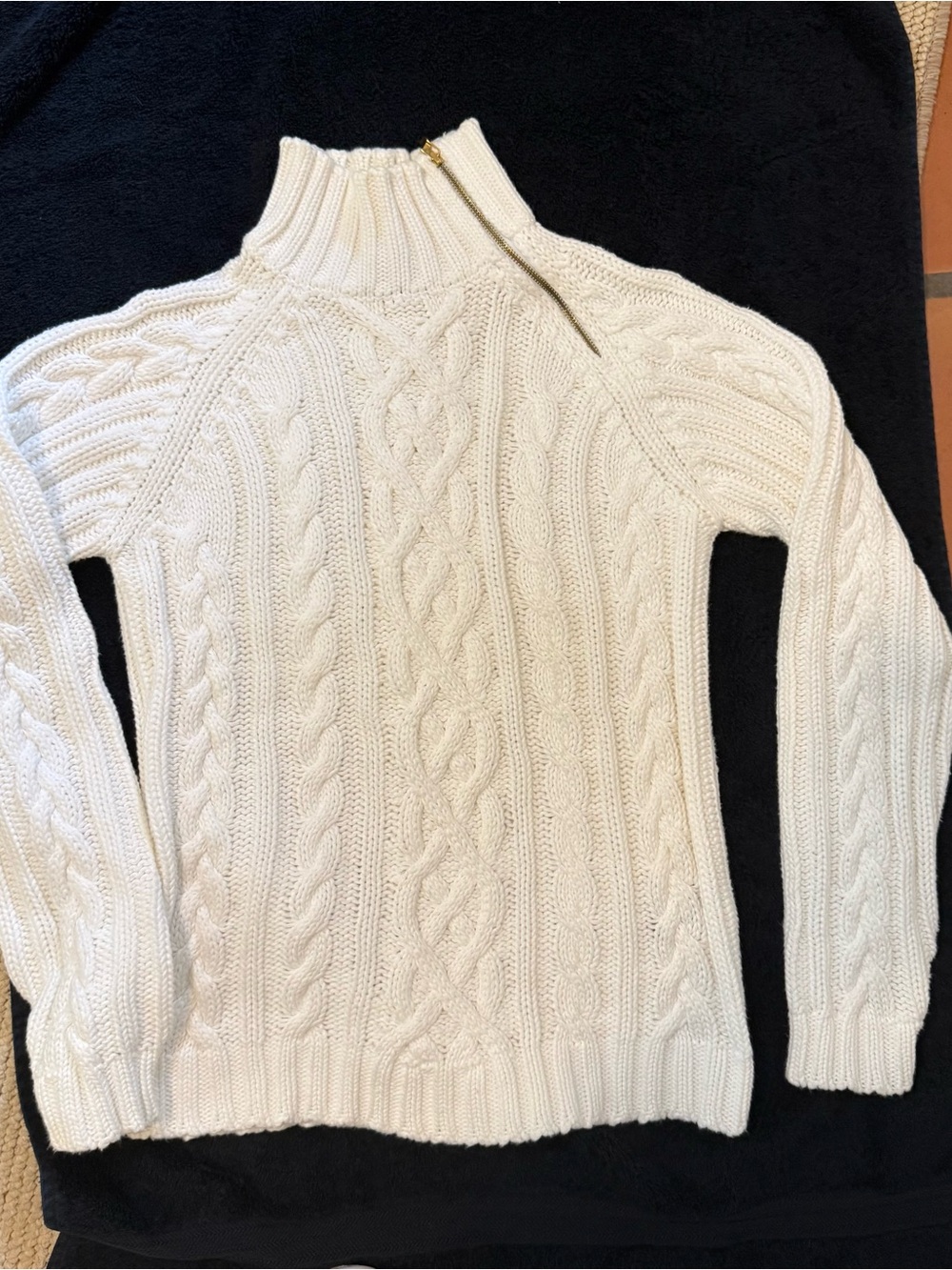 Ralph Lauren Cream Cable Knit Zip-Shoulder Turtleneck Sweater